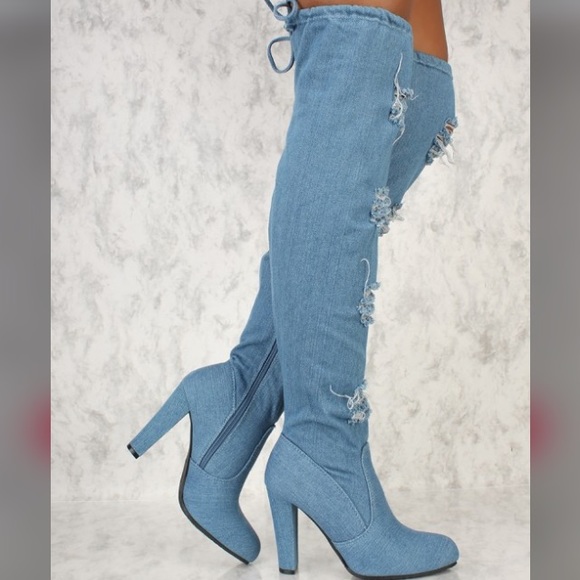 distressed denim thigh high boots